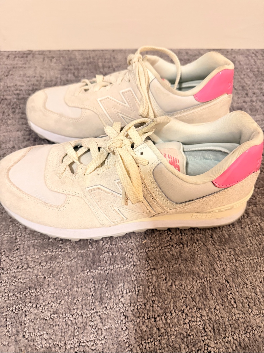 New Balance Women’s Cream Sneakers with Pink Heel